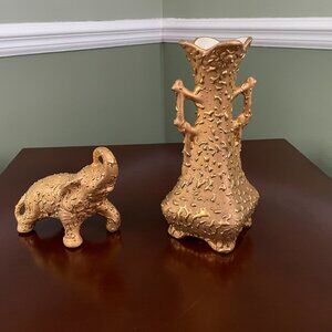 Weeping 22K Gold Porcelain Vase and Elephant